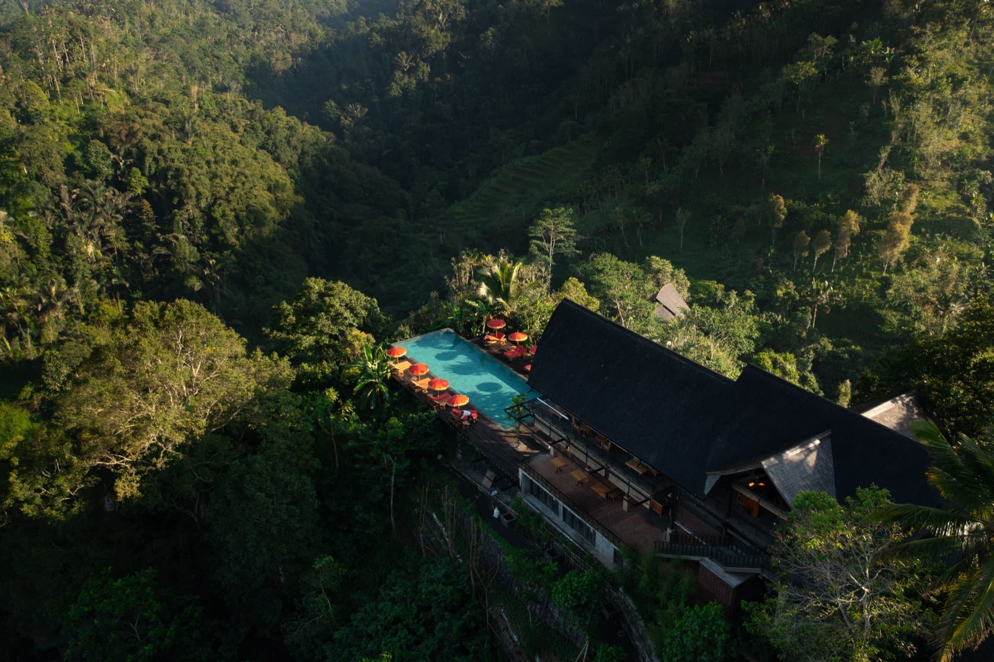 Aerial view of a sustainable jungle resort in Bali