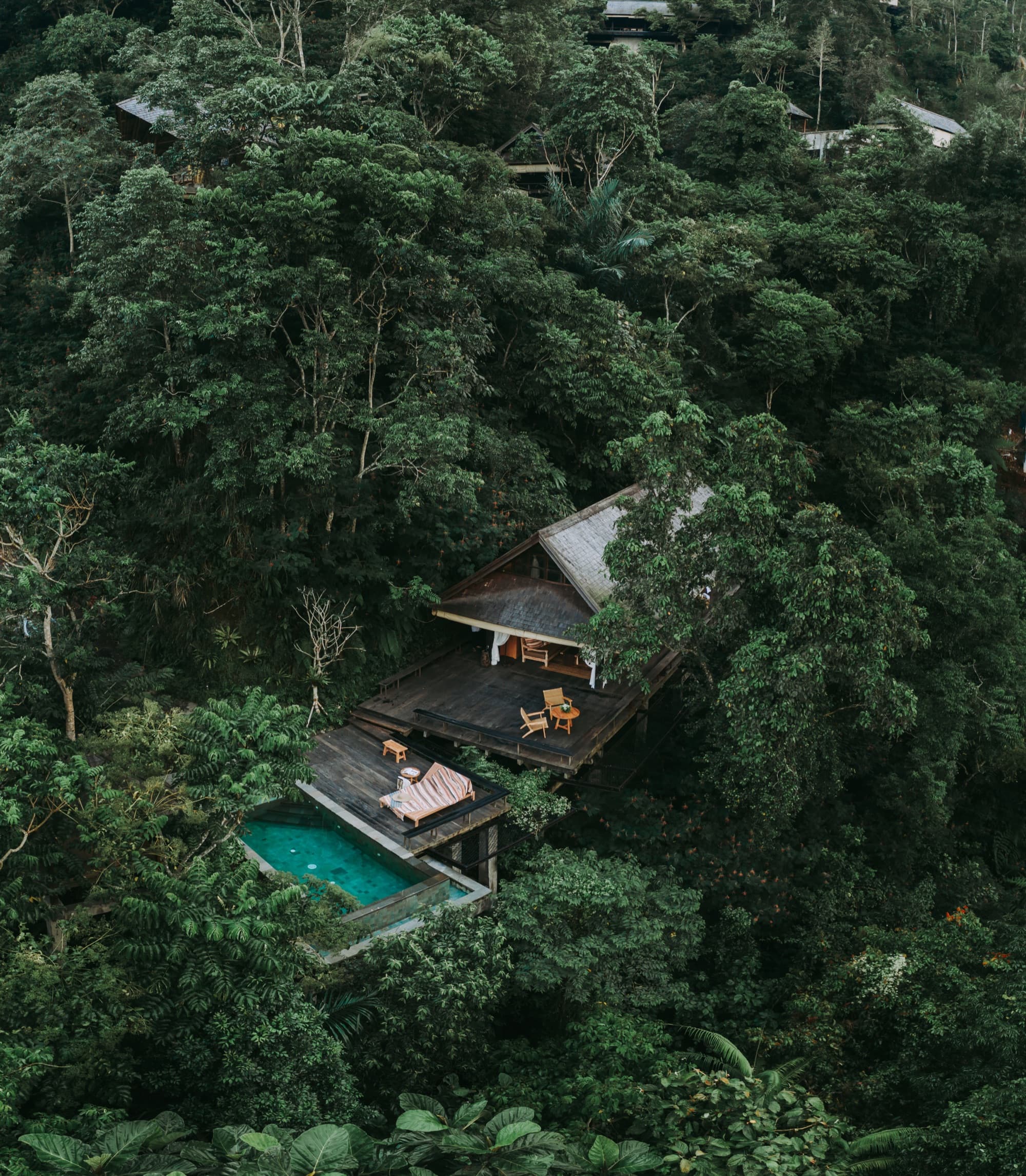 Aerial view of a private pool villa nestled in the Balinese jungle
