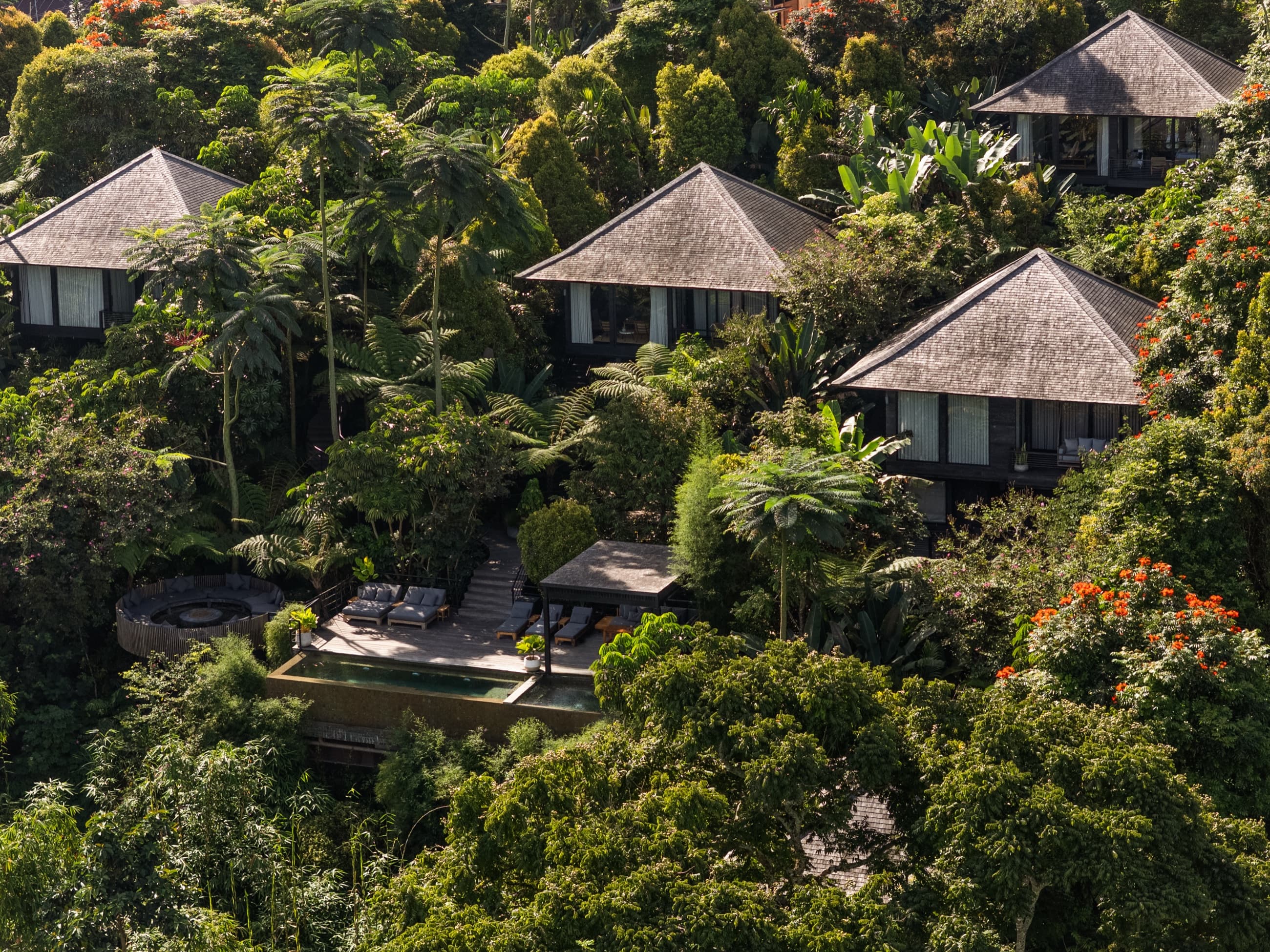 Cabins with shingled pyramid roofs amid dense rainforest above a pool deck and firepit, Munduk, North Bali